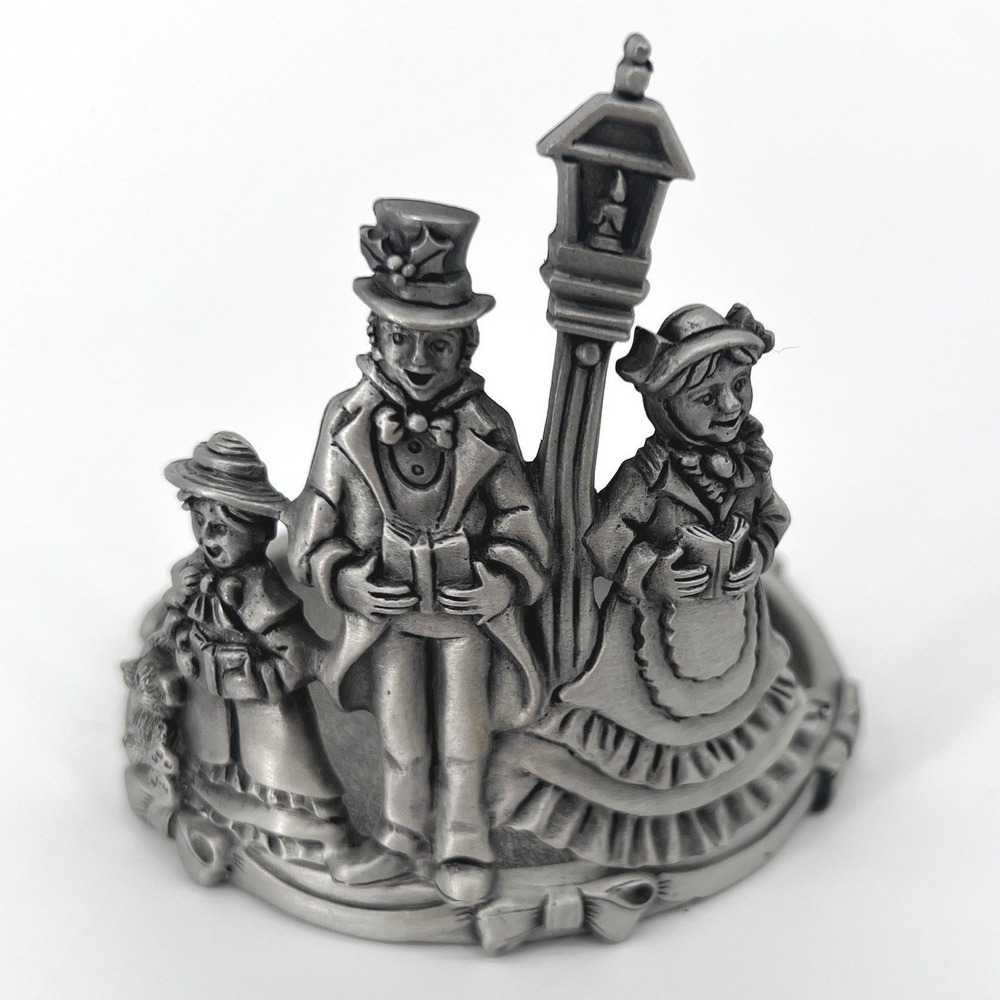 PLG Silver Pewter Round Pillar Candle Holder Christmas Holiday Carolers Figures